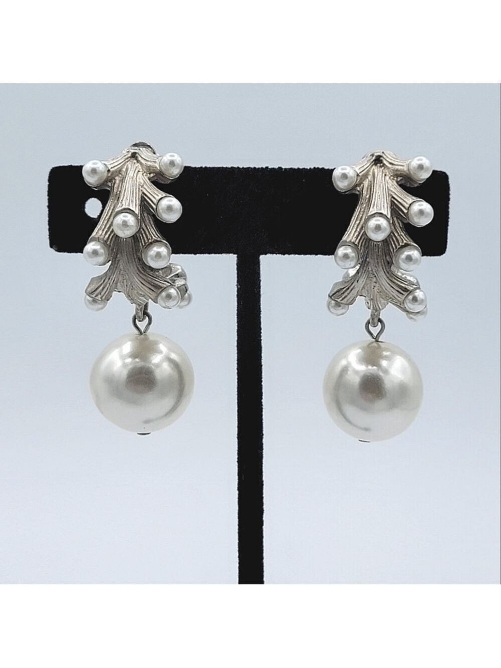 Vintage Matte Silver Tone Earrings With Faux Pearls #2461